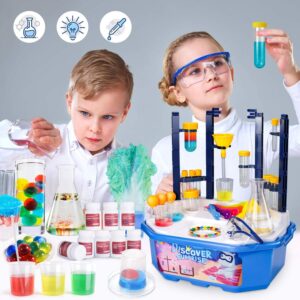2 kids in scientists costume doing experiments from our Discover Science Chemistry Lab Station Kit
